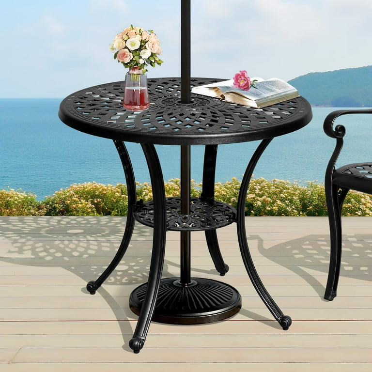 bistro table patio umbrella DWVO 30in Outdoor Patio Round Cast Aluminum Dining Table with Umbrella  Hole, Outdoor Bistro Table Side Table for Backyard, Garden, Patio, Porch