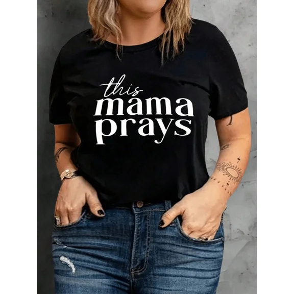 Inspirational Mama Prays Graphic T-Shirt for Women, Faith-Based Religious Christian Mom Gift Top, Spiritual Trendy Casual Tee