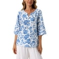 thumbnail image 1 of BLUSA BOHEMIA FLORAL PARA MUJER INSPIRE CHIC ESCOTE EN V MANGA 3/4 TUNICA TALLA L AZUL, 1 of 6