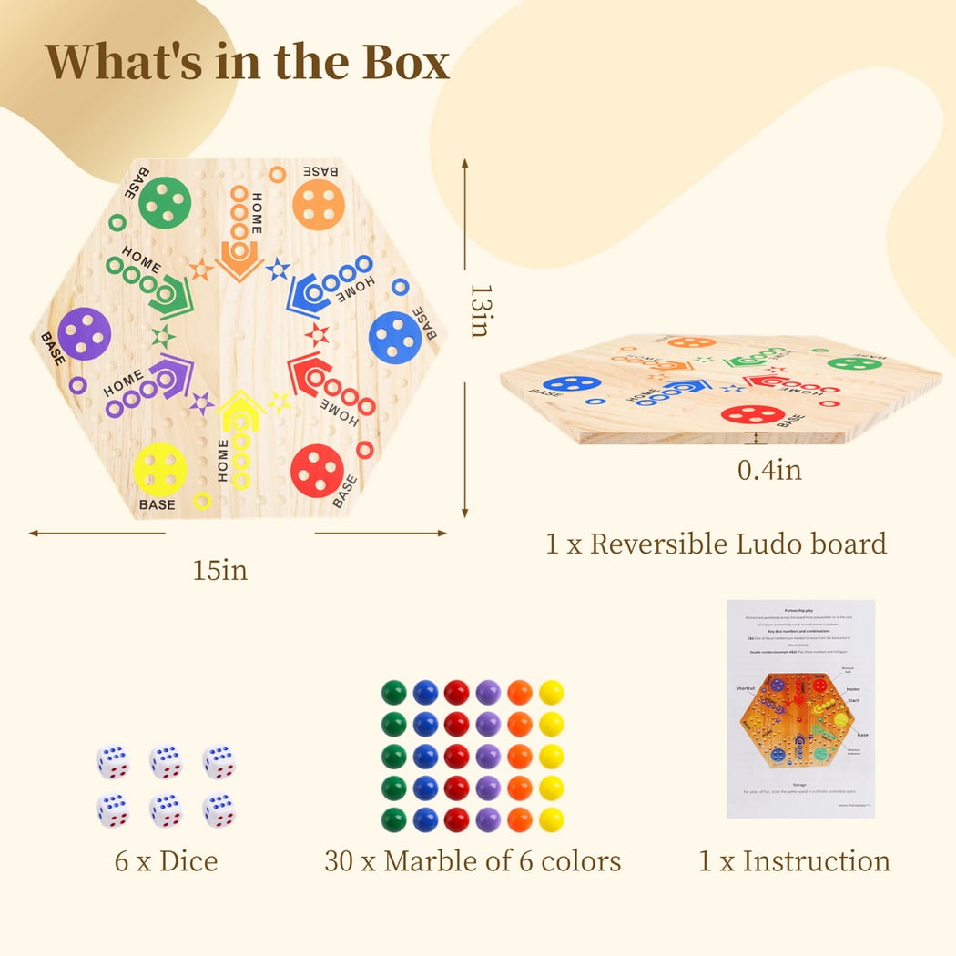 Marble Board Game, Double-Sided Wooden Board Game, Colorful Wahoo Marble Ludo Game Kit for 2-6 players