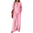 thumbnail image 3 of Women Lounge Sets 2 Piece Cotton Linen Outfits Summer Casual Long Sleeve V Neck Pullover Top Wide Leg Pants Matching Sets Trendy Clothes Going Out Suits for Womens Pink XL, 3 of 8