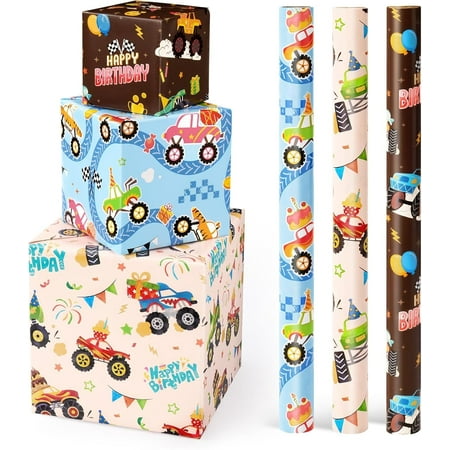 GA Monster Truck Wrapping Paper Rolls-3 Short Rolls 17 inx120in Monster Jam Truck Birthday Gift Wrapping Paper for KIds Boys Birthday Racing Theme Party Decorative Supply,Beige Blue Brown Gift Papers
