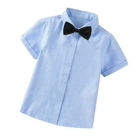Odeerbi Teen Two-piece Set Toddler Boys Formal Suit Gentleman School Uniform Suit Baby Clothes Solid Color Bow Tie Suit 2025 Fashion Short Sleeve Shirt Blue - Black Tie