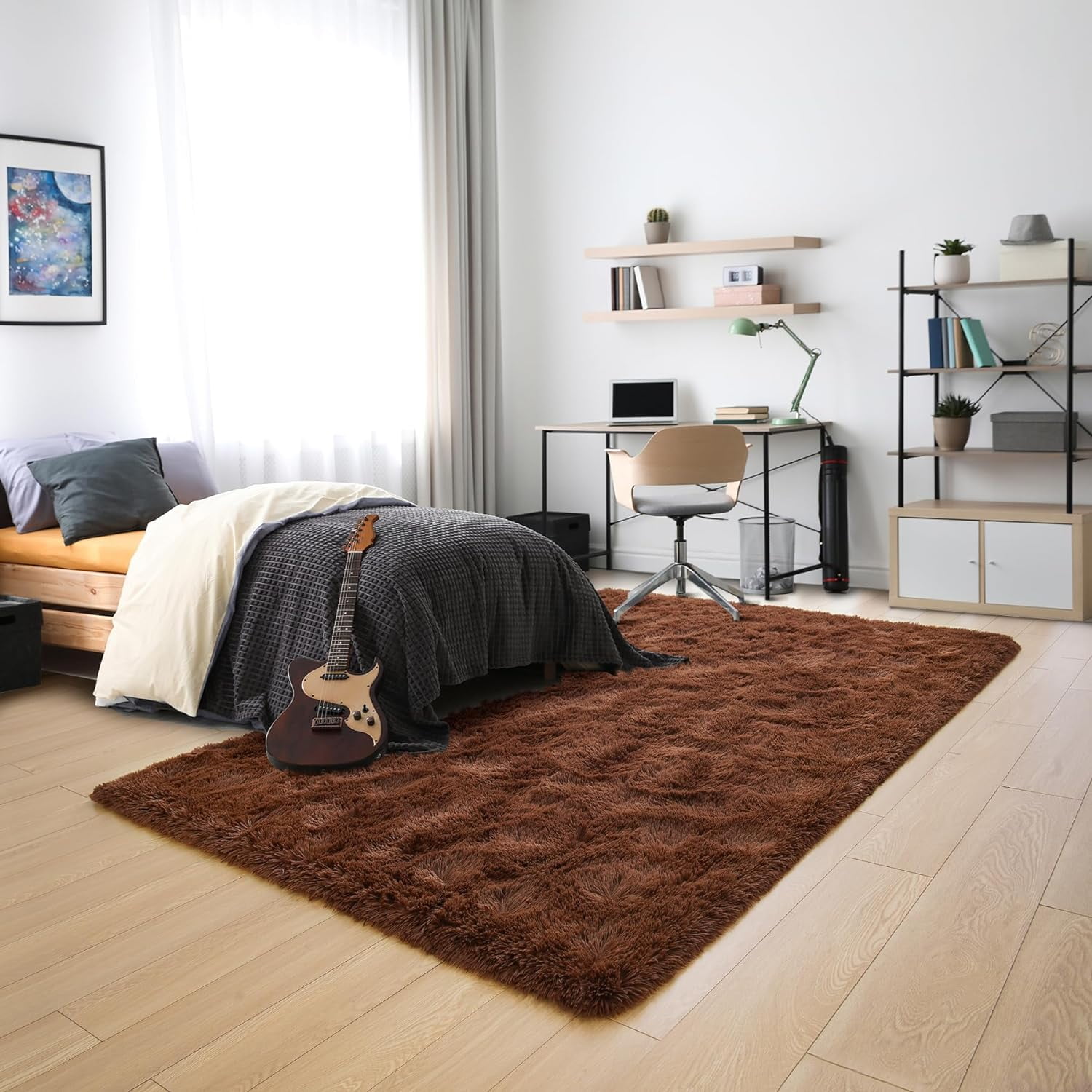 Junovo Super Soft Fluffy Area Rugs Modern Shag Rug for Bedroom Living Room,Cute Carpets for Kids Nursery Girls Home Dorm,6'x9',Brown