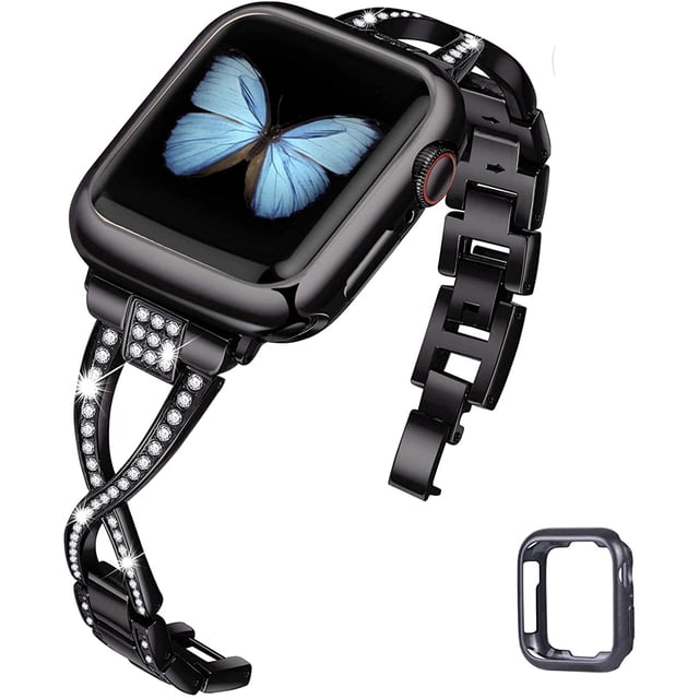 Correas de reloj compatibles con Apple Watch 38 mm 40 mm 41 mm 42 mm 44 mm 45 mm SE Series 7 6 5 4 3 2 1 Correa de metal para mujer con pulsera de repuesto de diamantes brillantes, color negro Adepaton CZDZ-HY153-1