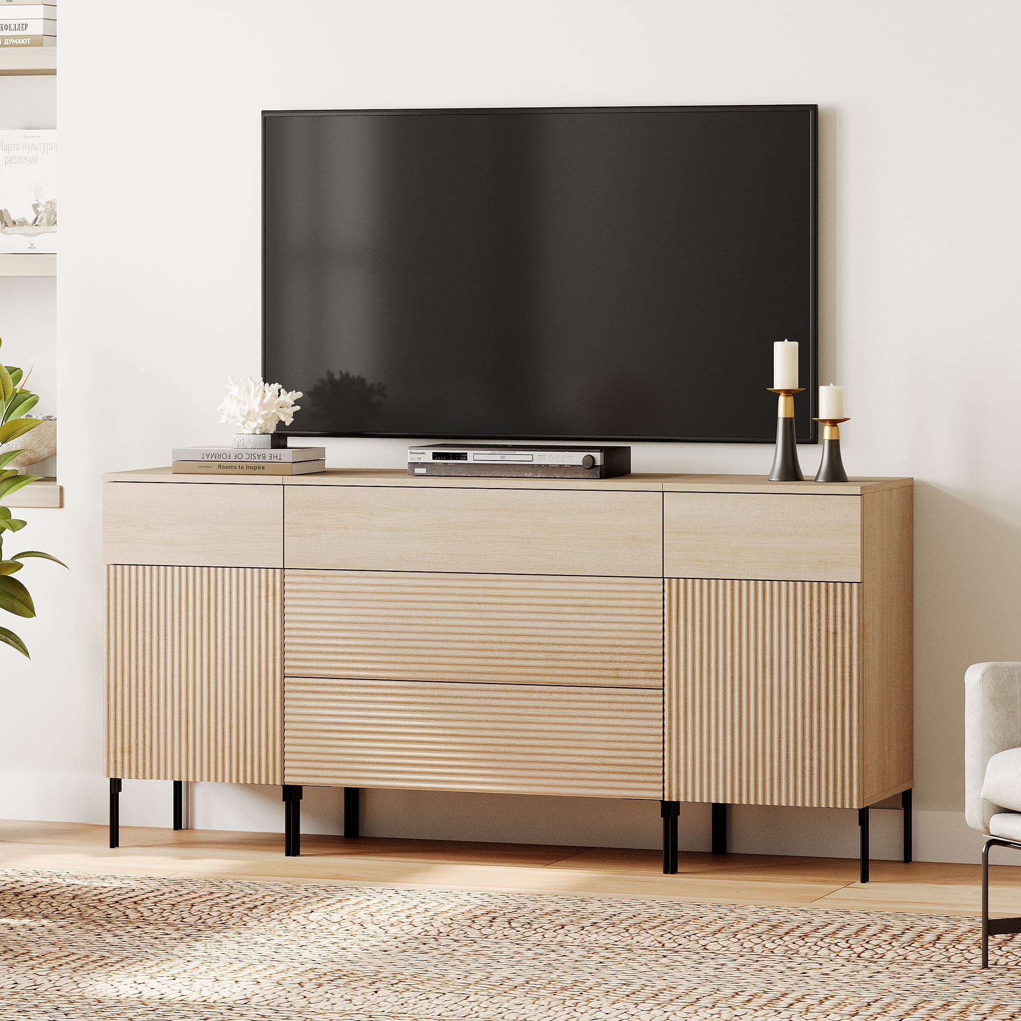63" Modern Reeded Dresser TV Stand with Drawers, Entertainment Center with Charging Station, Wooden TV Console with Storage for Living Room