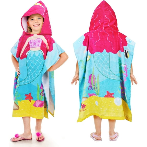 Tirrinia Cute Child Cotton Hooded Poncho Towels Mermaid Cartoon Changing Robe Swimmer Outdoor Beach 23” x 52”