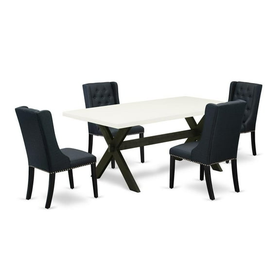 East West Furniture X627FO624-5 - 5 Piece Dining Room Set Includes 4 Black Linen Fabric Padded Chair with Button Tufted and Linen White Dining Room Table - Wire Brush Black Finish