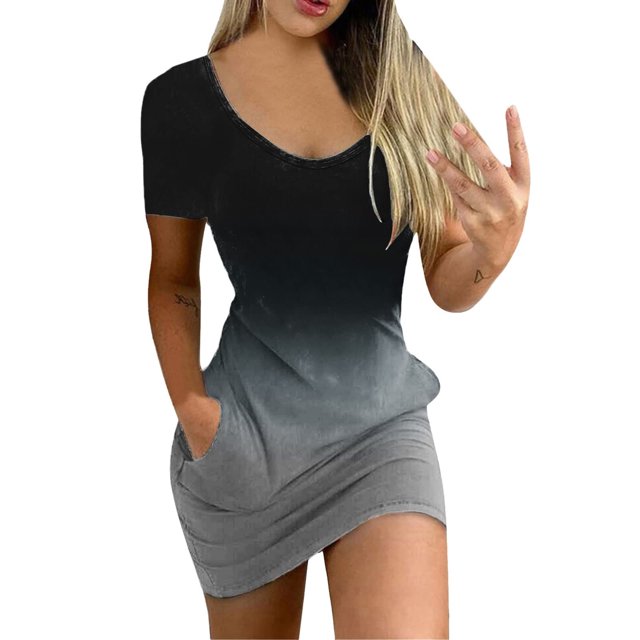 Vestidos Para Mujer Vestidos Casuales de Manga Corta de Moda Flores Degradadas Cintura Estampada Vestido de Verano Con Cuello en V Mini Vestido Odeerbi ODB164694