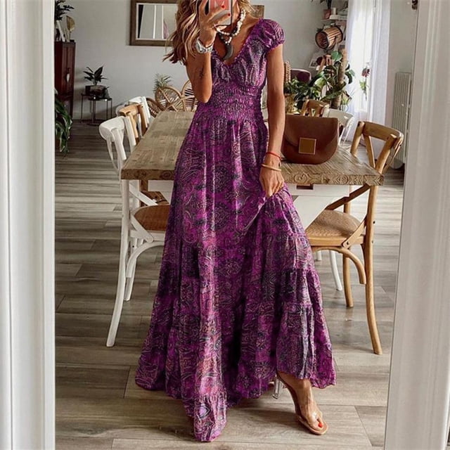 Kcavykas Robes pour Femmes, Cadeaux de Fête des Mères, Mode Grande Taille Robe Décontractée à Manches Courtes Imprimée Florale Col en V