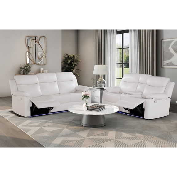 Blanche White 2PC Reclining Sofa and Loveseat with LED Lights and Speaker
