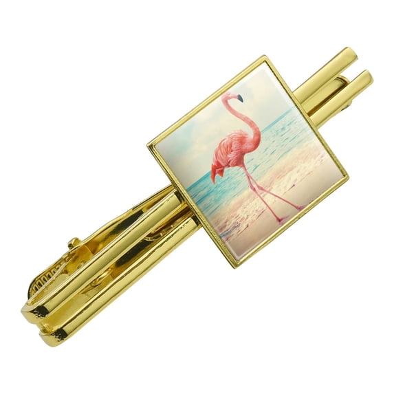 Flamingo on Beach Starfish Retro Square Tie Bar Clip Clasp Tack- Silver or Gold