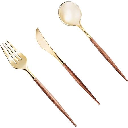 60pcs Gold Plastic Silverware, Gold Disposable Cutlery with Wood Grain Handle Include 20 Forks, 20 Spoons, 20 Knives, Elegant Disposable Silverware for Wedding, Party, Gathering, Daily Use