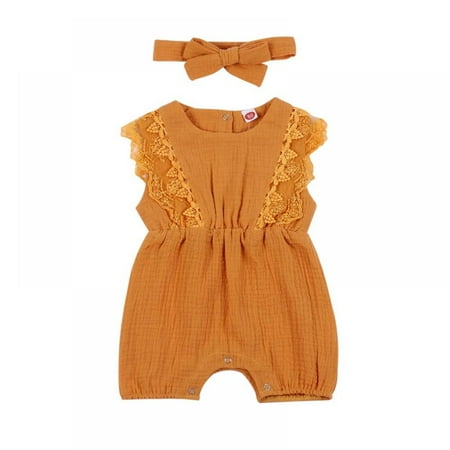 

GYRATEDREAM Summer Newborn Girls Rompers Set Flare Sleeve Solid Print Lace Bodysuit Jumpsuit With Headband Yellow 6-12 Months