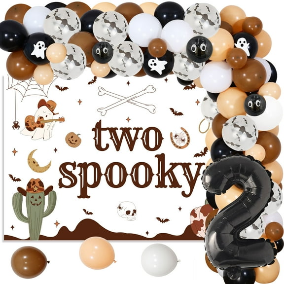 73Pcs Two Spooky Halloween Western Cowboy 2nd Birthday Party Decorations Two Spooky Backdrop Brown Balloon Garland Arch Kit Number 2 Ghost Foil Balloons for Cowboy 2nd Birthday Party Decor supplies
