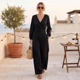 thumbnail image 3 of Women 2 Piece Set, Boho Wrap V‑Neck Long Sleeve Top Pleated Wide Leg Pant Matching Outfit for Travel, 3 of 6
