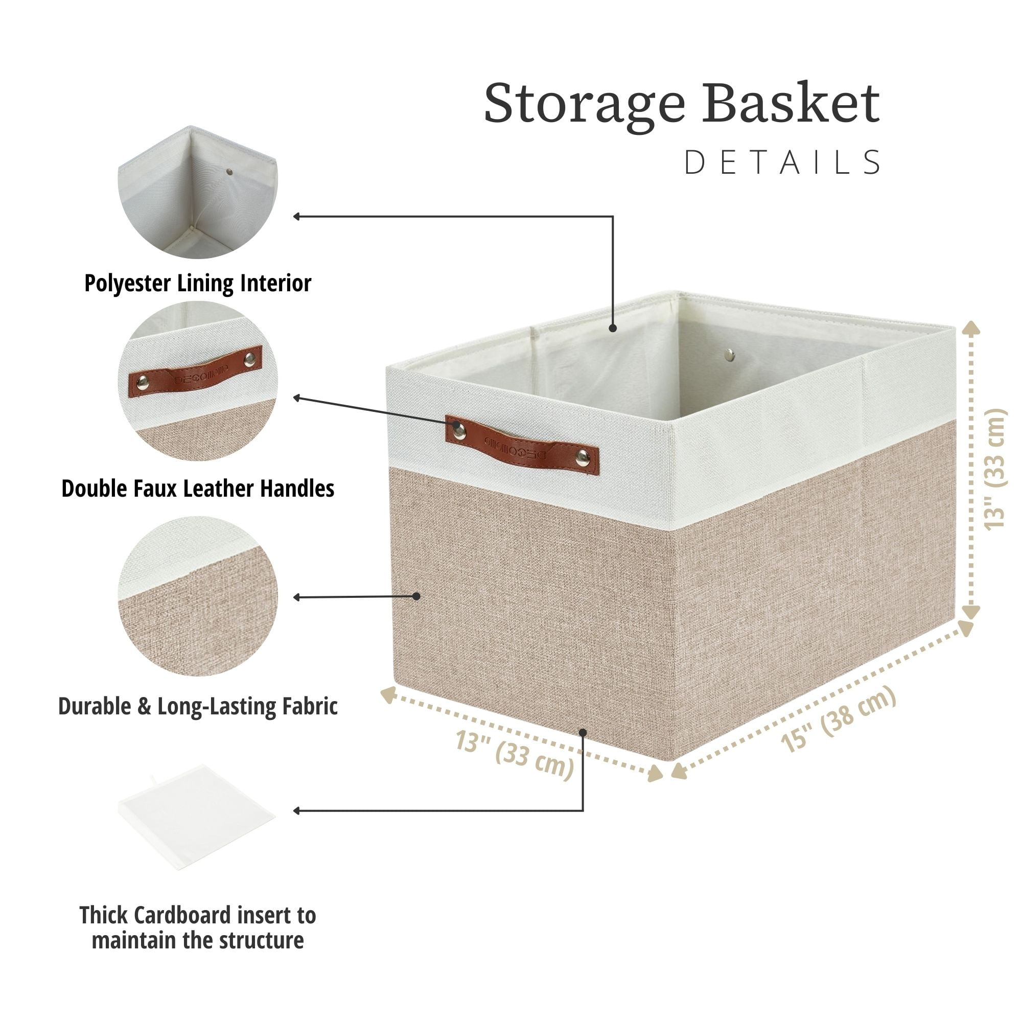 DECOMOMO Fabric Storage Baskets 13" x 15" x 13" Collapsible Storage Bins (Beige and White, Set of 3)