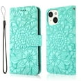 thumbnail image 2 of For iPhone 13 Case, Premium Leather Magnetic Closure Flip Wallet Case with Card Holder Cash Slot Stand Function Embossed Flower Pattern Slim Shockproof Lanyard/Strap Cover,Green, 2 of 7
