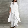 thumbnail image 4 of Stichou Women's 2 Piece Linen Set Solid Color Long Sleeve Irregular Hem Top and Wide Leg Swing Pants Trousers Suits White S, 4 of 5