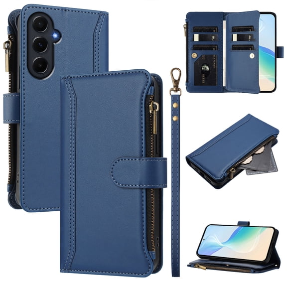 Phone Case for Samsung Galaxy A55 5G, Shockproof PU Leather Wallet Case with 9 Card Slots Anti-Scratch Stand Magnetic Flip Zipper Pocket Cover for Samsung Galaxy A55 5G, Navy blue