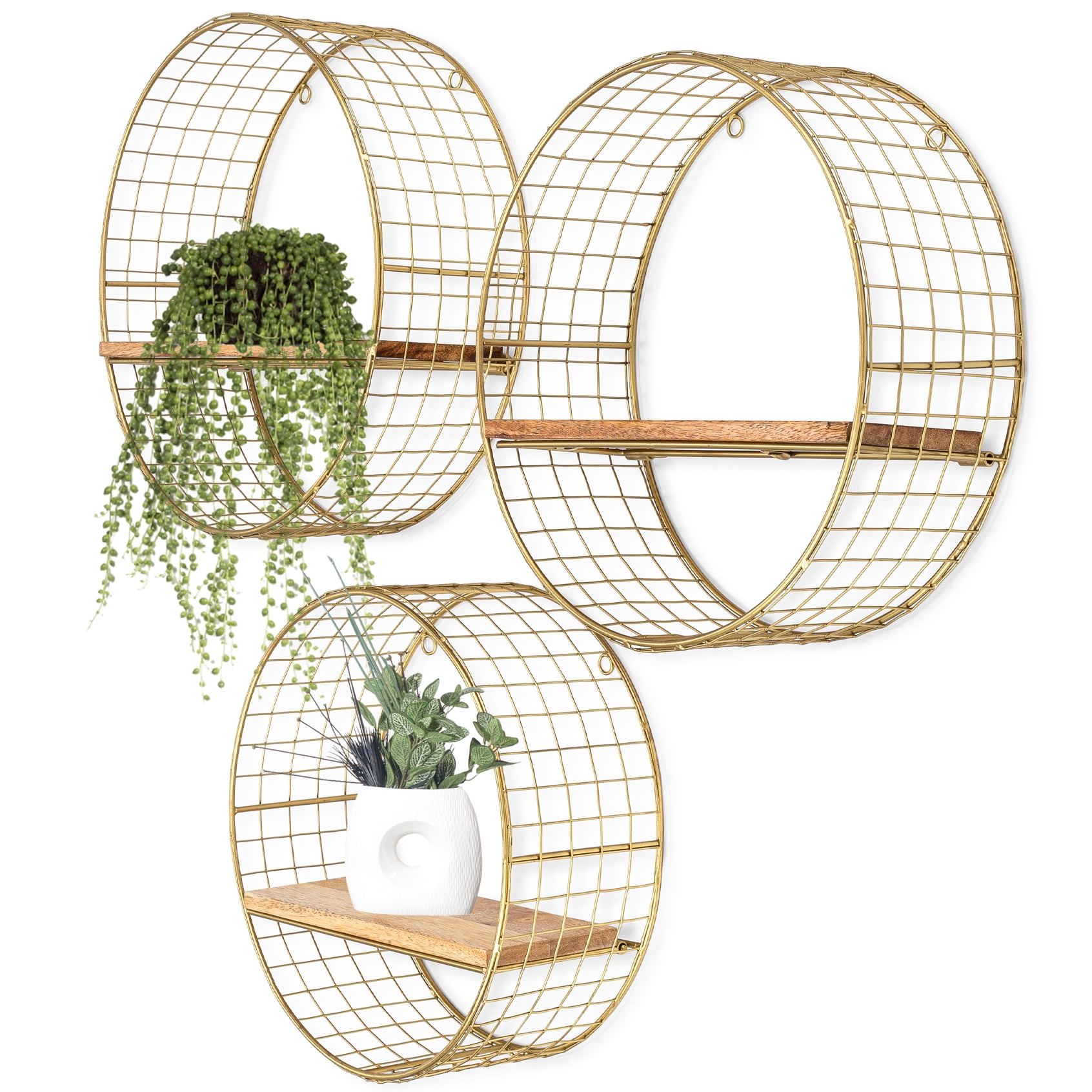 Set of 3 Gold Round Floating Shelves, Circular Wall Shelves as Boho Bathroom, Living Room