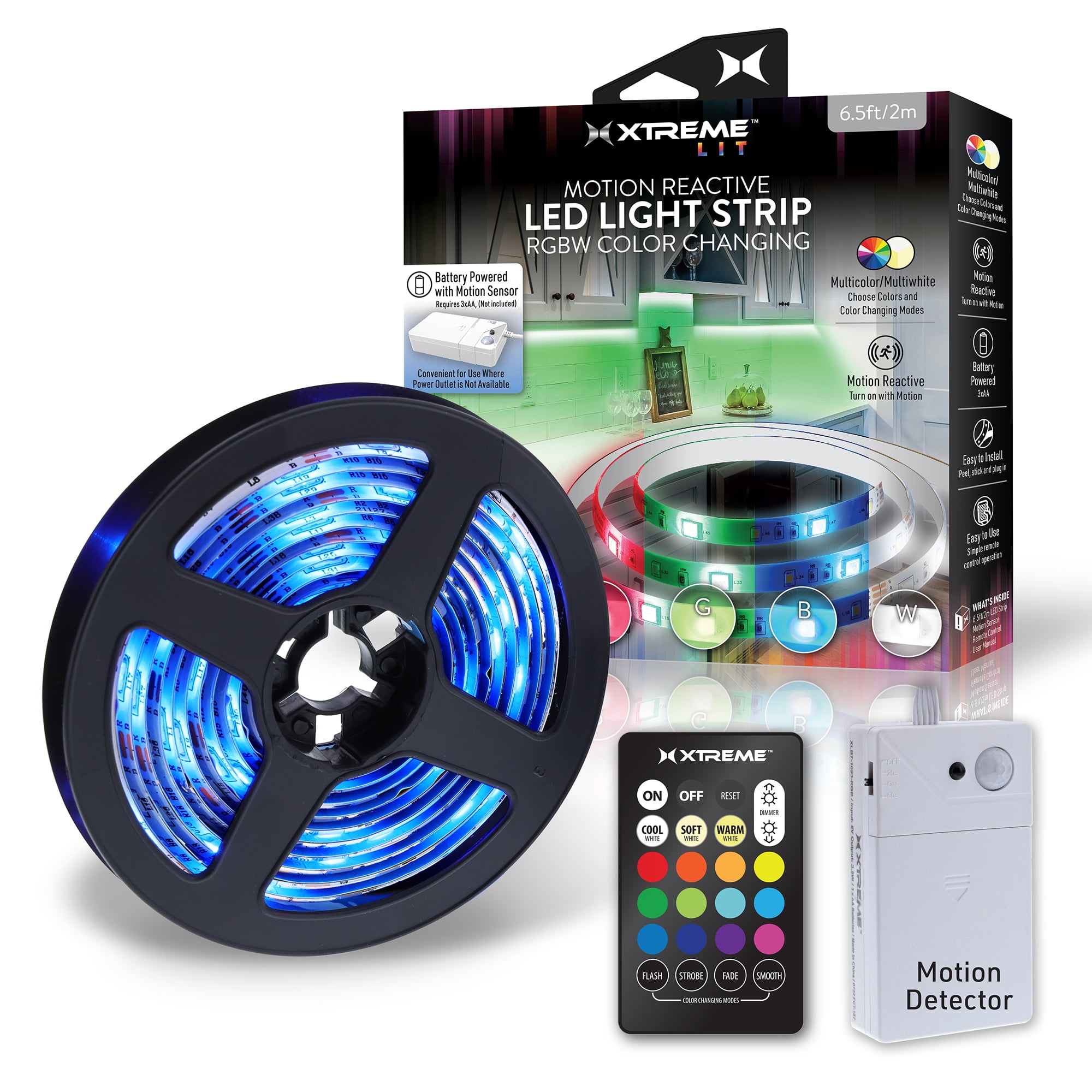 Xtreme Lit 6.5ft Indoor Motion Activated RGBW Color-Changing LED Light Strip, Battery Powered