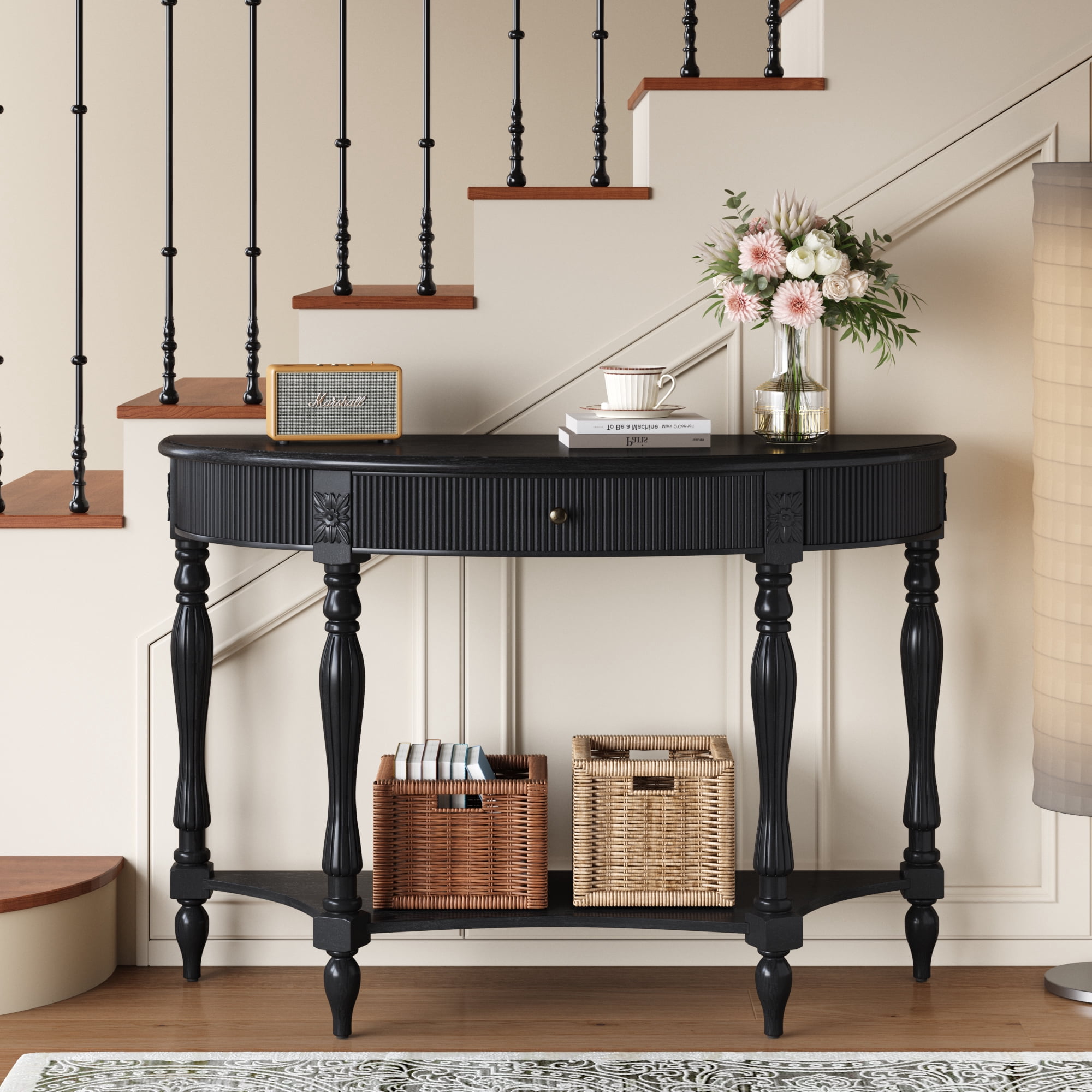 Solid Wood Half Moon Console Table with Drawer & Shelf, Fluted Vintage Curved Entryway Table for Hallway Living Room Foyer, Narrow Space-Saving Accent Furniture with Roman Column Carved Legs, Black