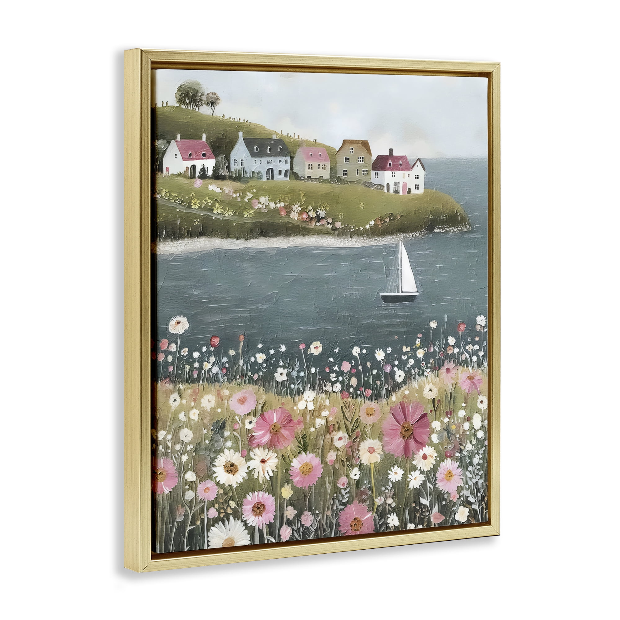 Stupell Industries Pink Meadow & Sailboats Gold Framed Floater Canvas Wall Art, design by Riley B