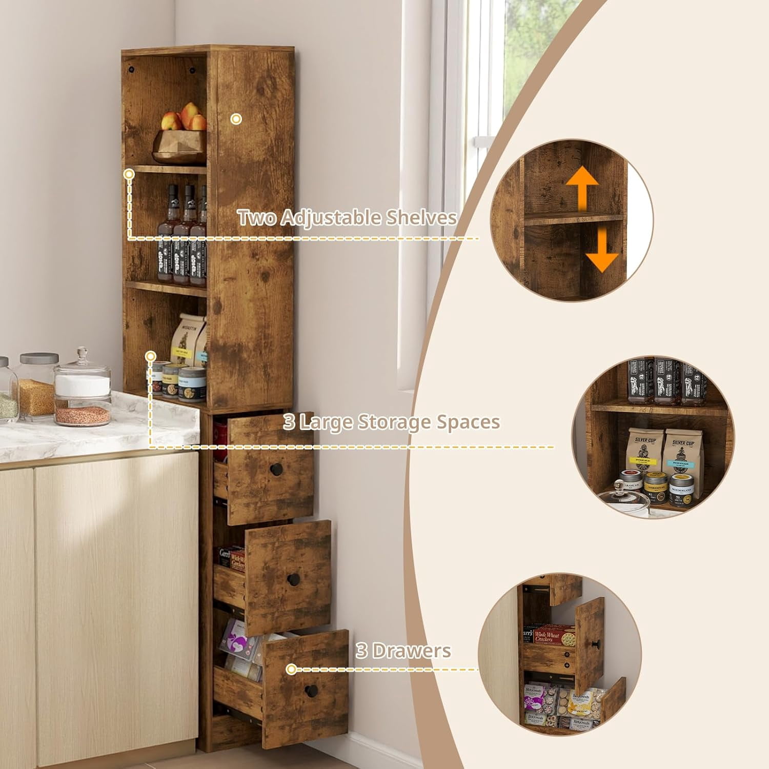Storage Cabinet Tall Narrow Bathroom Organizer with 3-Level Adjustable Shelves Slim Free Standing Space Saver for Living Room Kitchen, Rustic