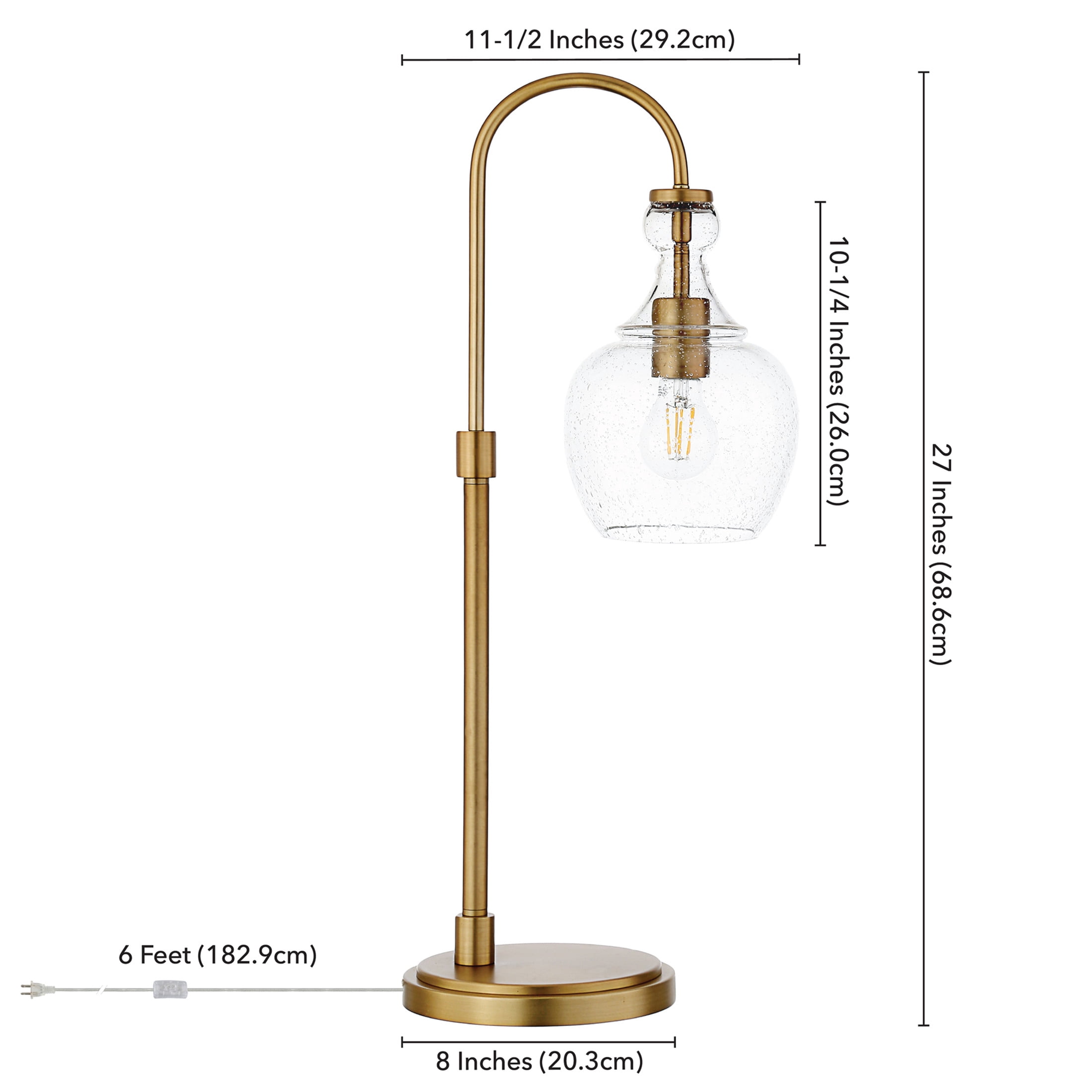 Evelyn&Zoe Verona 27" Tall Arc Table Lamp with Glass Shade, Brushed Brass/Seeded