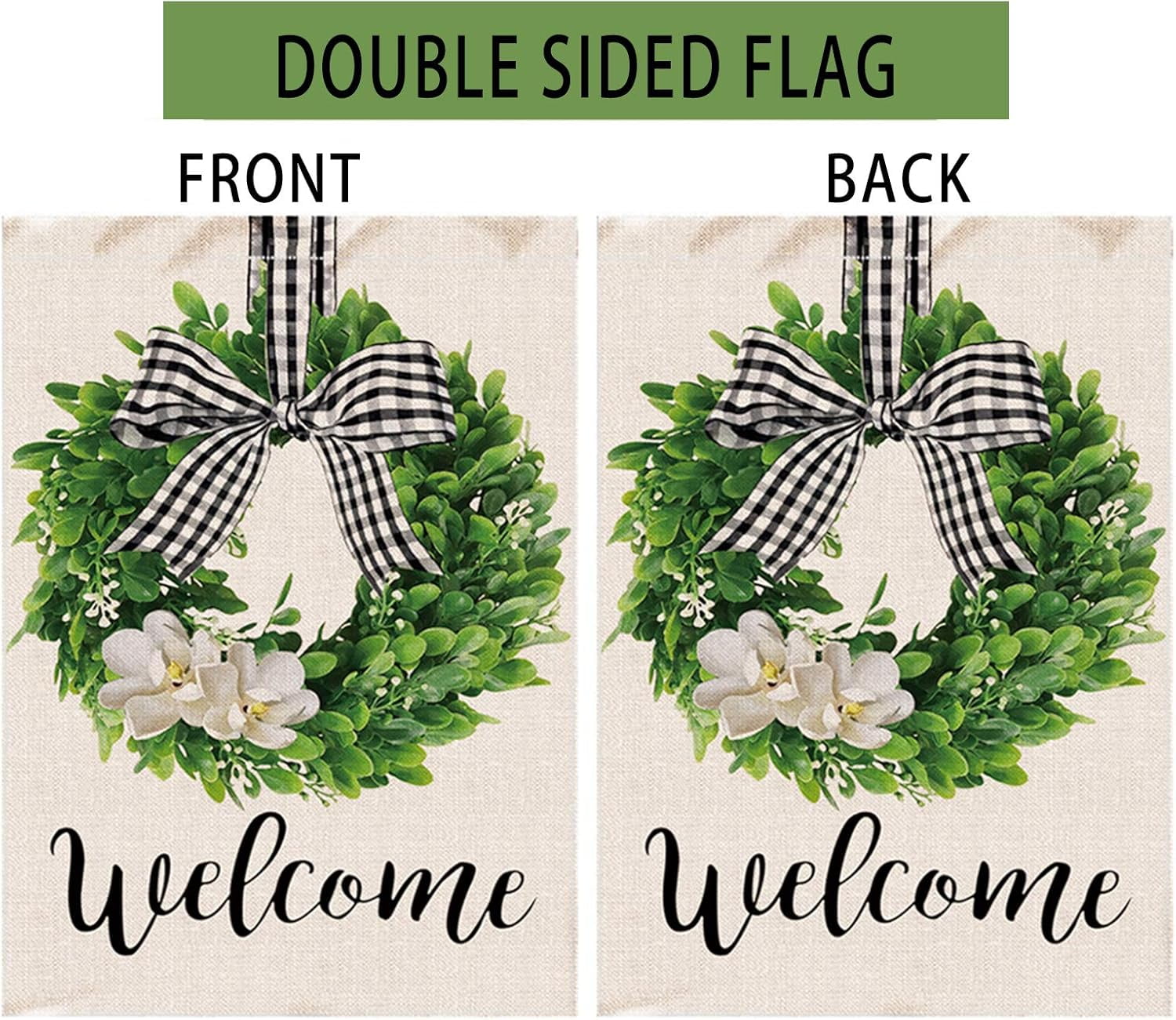 Hexagram Spring Welcome Garden Flag  Outside, Mailbox Decor, Seasonal Outdoor Linen Double Sided Spring Summer Flags for Outside, Boxwood Wreath Buffalo Plaid Yard Farmhouse Flag Decoration