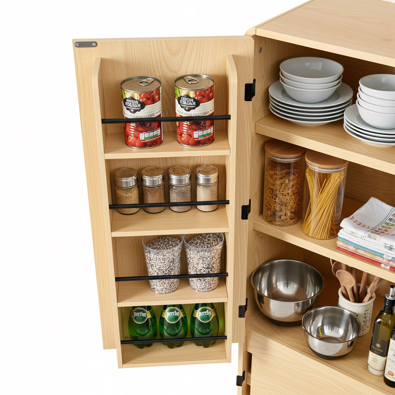 Euroco 72" Tall Farmhouse Kitchen Pantry Cabinet with 8 Door Shelves, Curved Design Storage Cabinet with 3 Adjustable Shelves, Hidden Drawer, Versatile Cupboard
