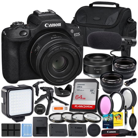 Canon EOS R100 Mirrorless Camera + RF 50mm f/1.8 STM Lens | Portrait & Low-Light Kit, SanDisk Ultra 64GB Card, Camera Case, Extra Battery, Gripster Tripod, Video Mic (International Model)