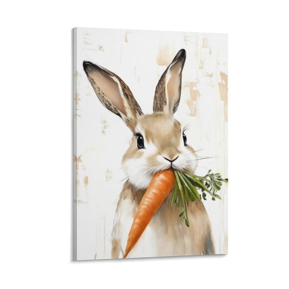 Easter Bunny Canvas Wall Art, Rabbit Eating Carrot Poster, Nursery Animal Painting for Wall, Neutral Spring Art Print, Rustic Animal Picture for Baby Kids Bedroom Playroom