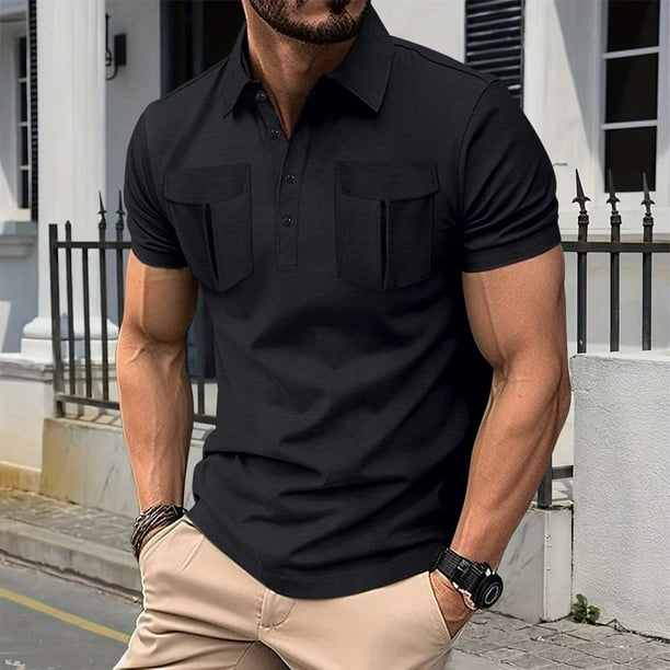 pstuiky Camisas de manga corta para hombre, Camisa informal de manga corta con cuello vuelto y botones para hombre, color liso y bolsillo camisetas de hombre xl