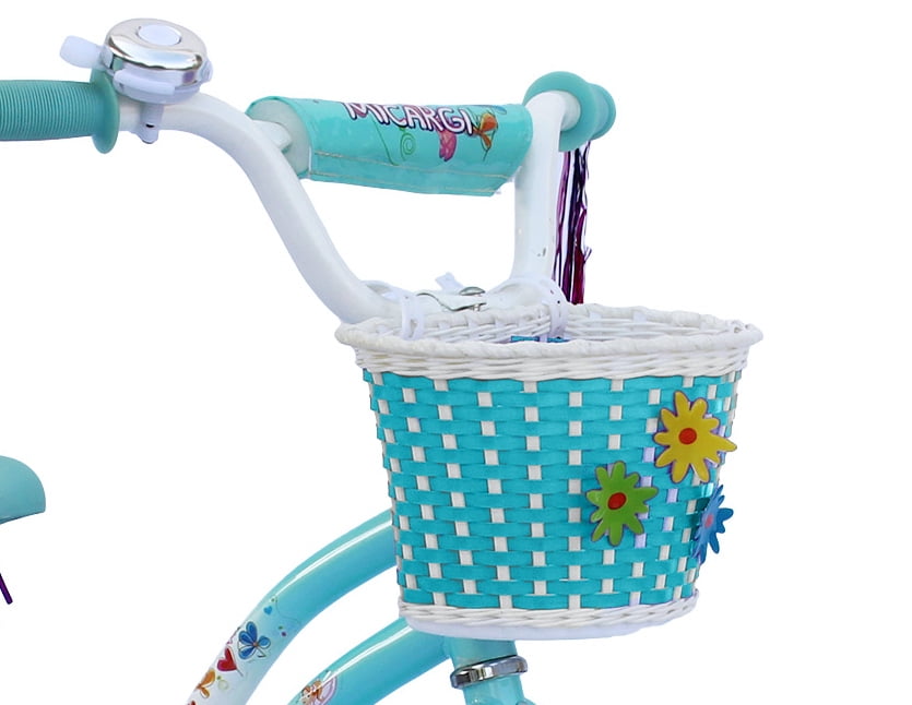 PlayWorld 16" Cruiser Steel Frame Bicycle Coaster Brake One Piece Crank, White Full cover Chain Guard, Baby Blue Basket, Fenders & Rims, White Tire Kid's Bike - White/Baby Blue
