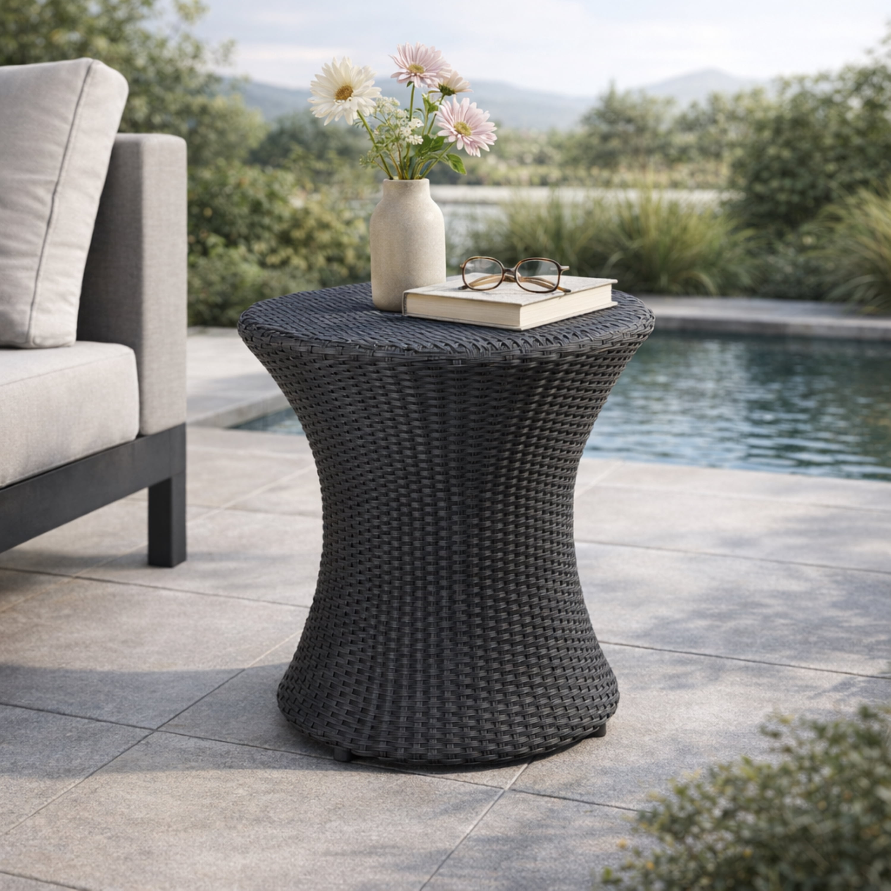 Outdoor No Glass Top Hourglass Rattan Side Table for Patio Balcony Garden, Black