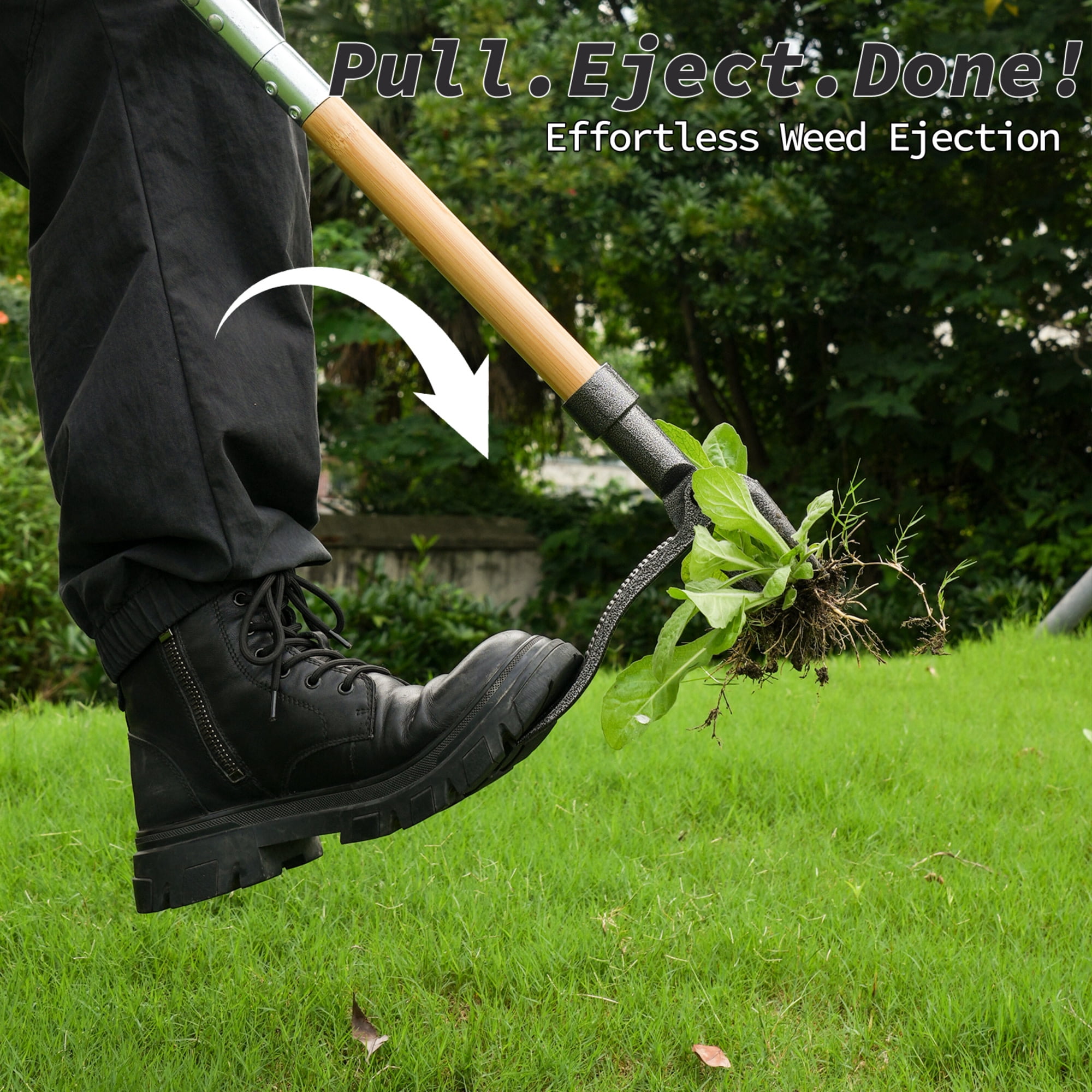 Ashfield & Harkness: Stand Up Weed Puller Tool - 44" Long, Bamboo Handle, 4-Claw Steel Head Root Remover, Step-In Foot Pedal, Lawn & Garden Accessory