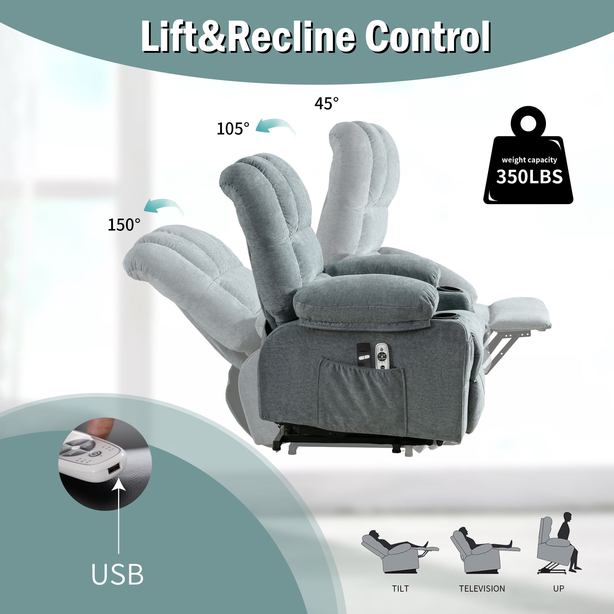 Power Lift Recliner Chairs with Massage and Heat, UHOMEPRO Electric Fabric Recliner Chair for Elderly, Living Room Furniture with USB Charge Port, 2 Cup Holders, and Side Pocket, Blue