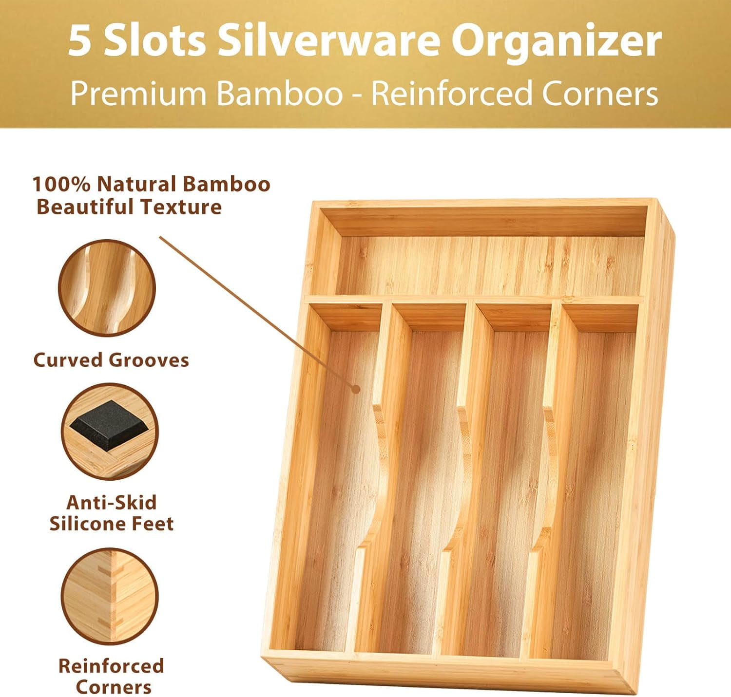 Bamboo Kitchen Drawer Organizer, 9 Inch Silverware Utensils Tray Holder for Small Drawer, Wood Caddy Flatware Cutlery Knives