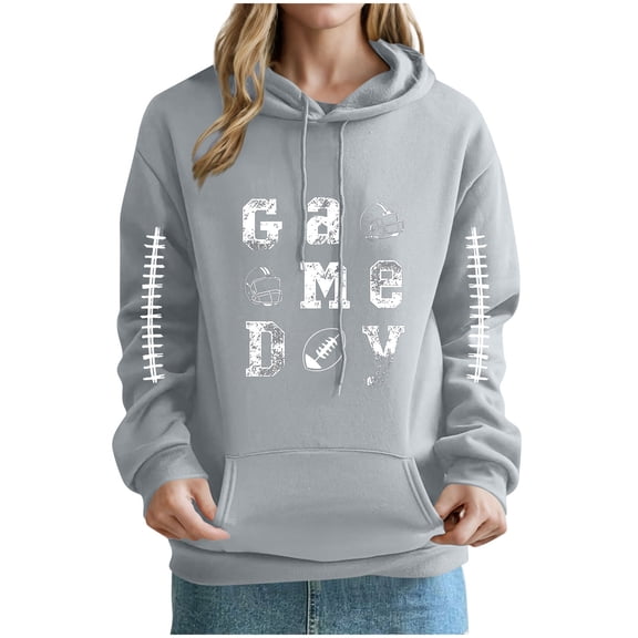 Tawop Women Pullover Printed Off Shoulder Sleeves Long Sleeve Hooded Sweatshirt Gray