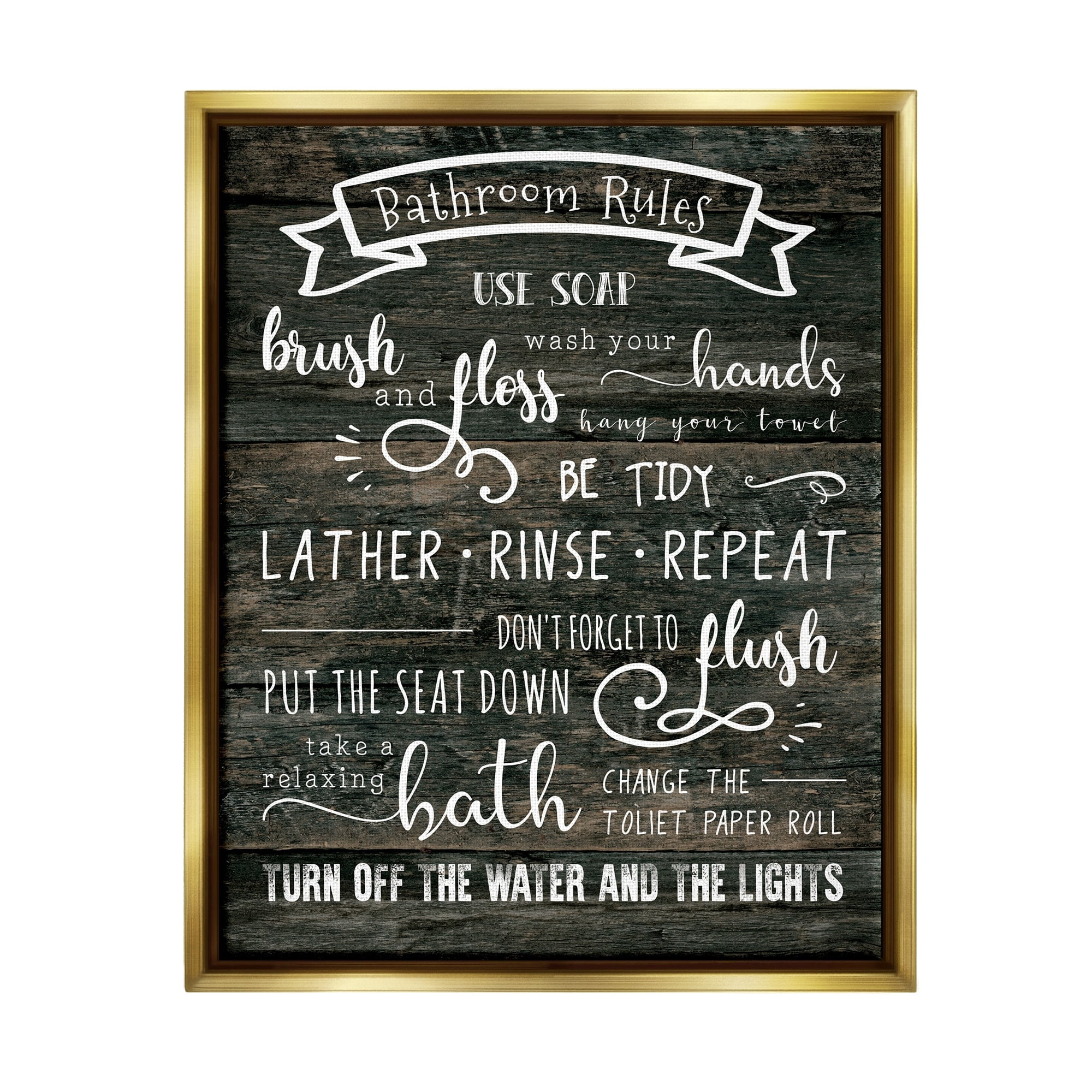 Stupell Industries Rustic Bathroom Rules Sign Good Hygiene List Metallic Gold Framed Floating Canvas Wall Art, 16x20, by CAD