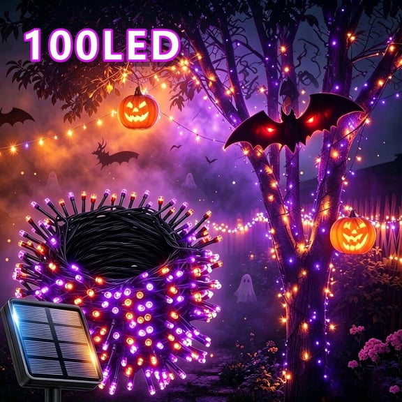 Solar Halloween String Lights, 1 Pack 39FT 100LED Orange & Purple Fairy Lights, IP65 Outdoor Waterproof Solar Lights for Yard, Garden, Christmas, Camping Party Decor