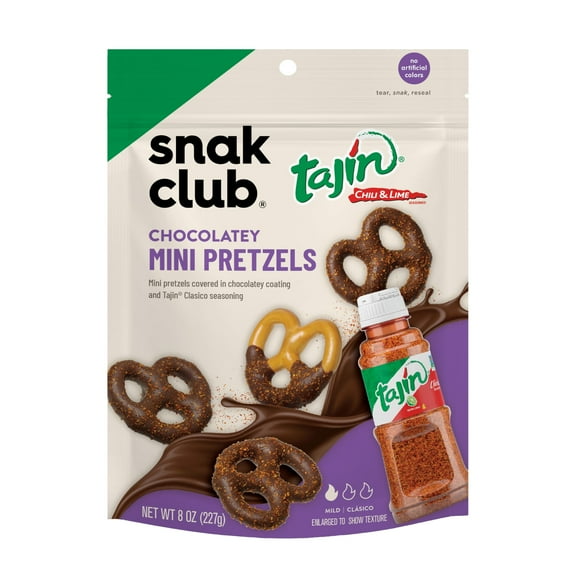 Snak Club MQH2 Tajin Chocolatey Mini Pretzels, Chocolate Covered Pretzels with Chili and Lime Seasoning, Mild, No Artificial Colors, 8 oz Resealable Bag