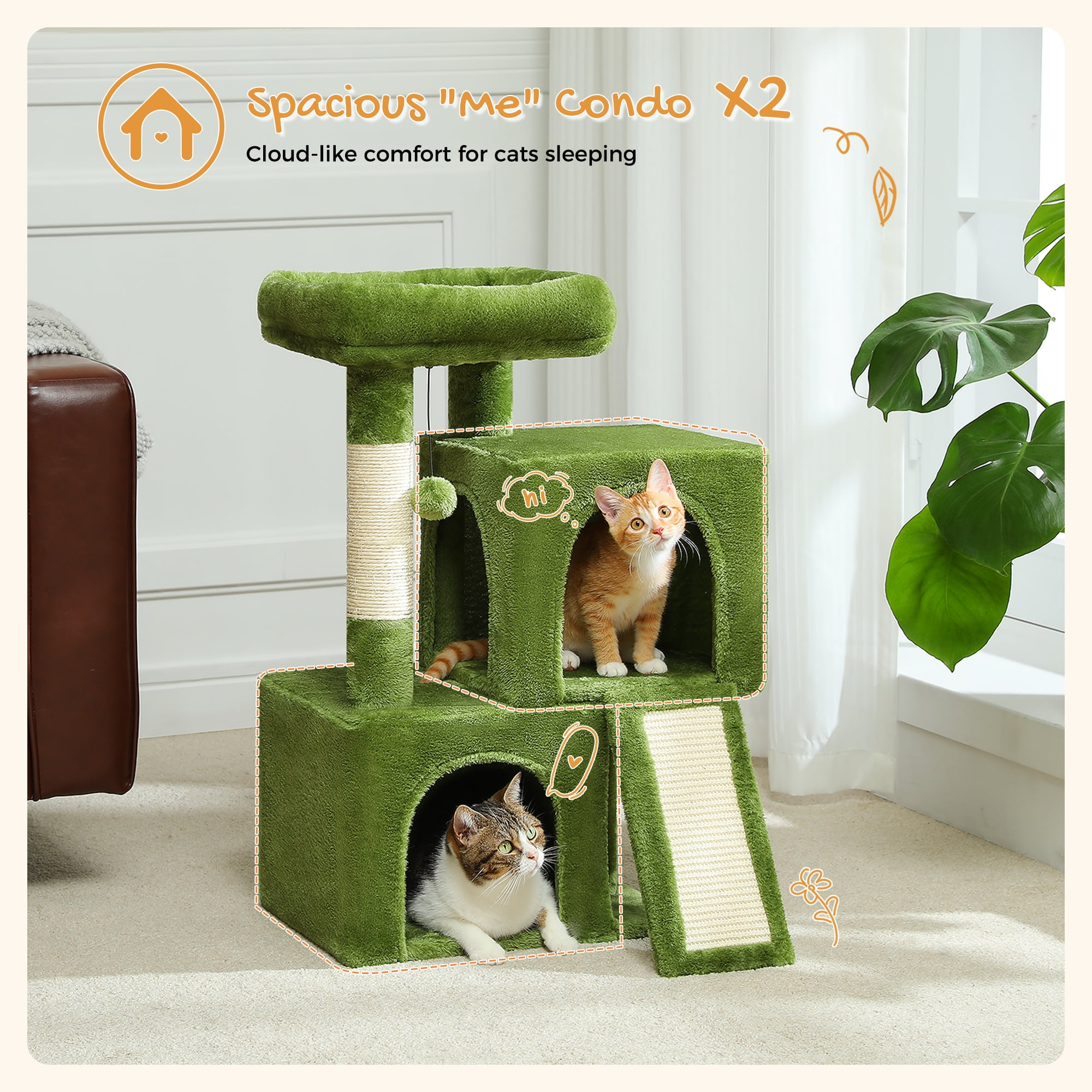 PAWZ Road 30" Cat Tree Condo with Sisal Scratching Post Tower Ramp for Indoor Cats,Green