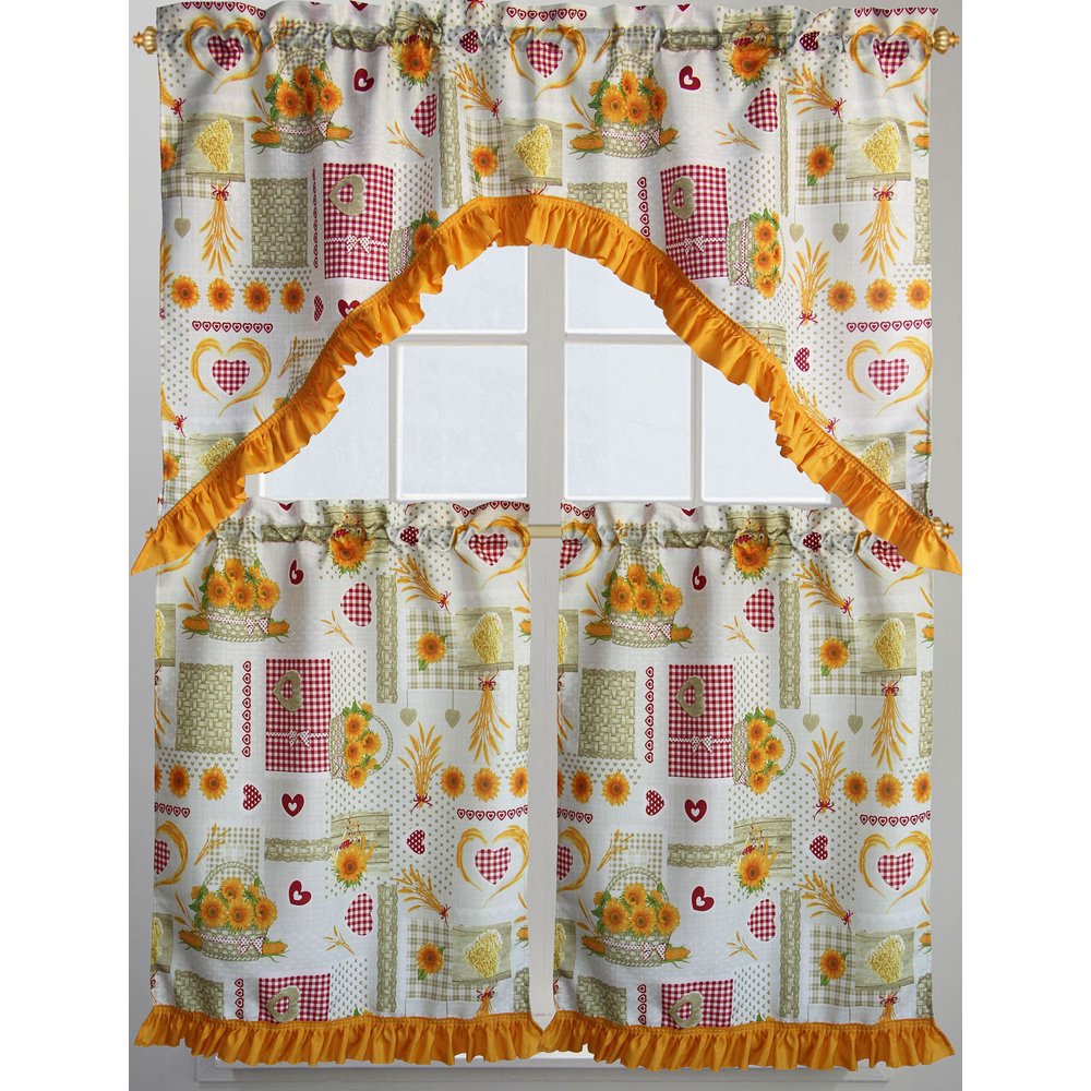 Sunflower Basket 3Piece Sheer Kitchen Curtain Set, Yellow, Valance