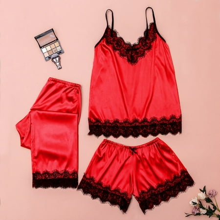 

XIAOFFENN Silk Pajamas 3PC Women Lace Satin Sleepwear Lingerie Camisole Bow Trousers Casual Pajamas 8 Red