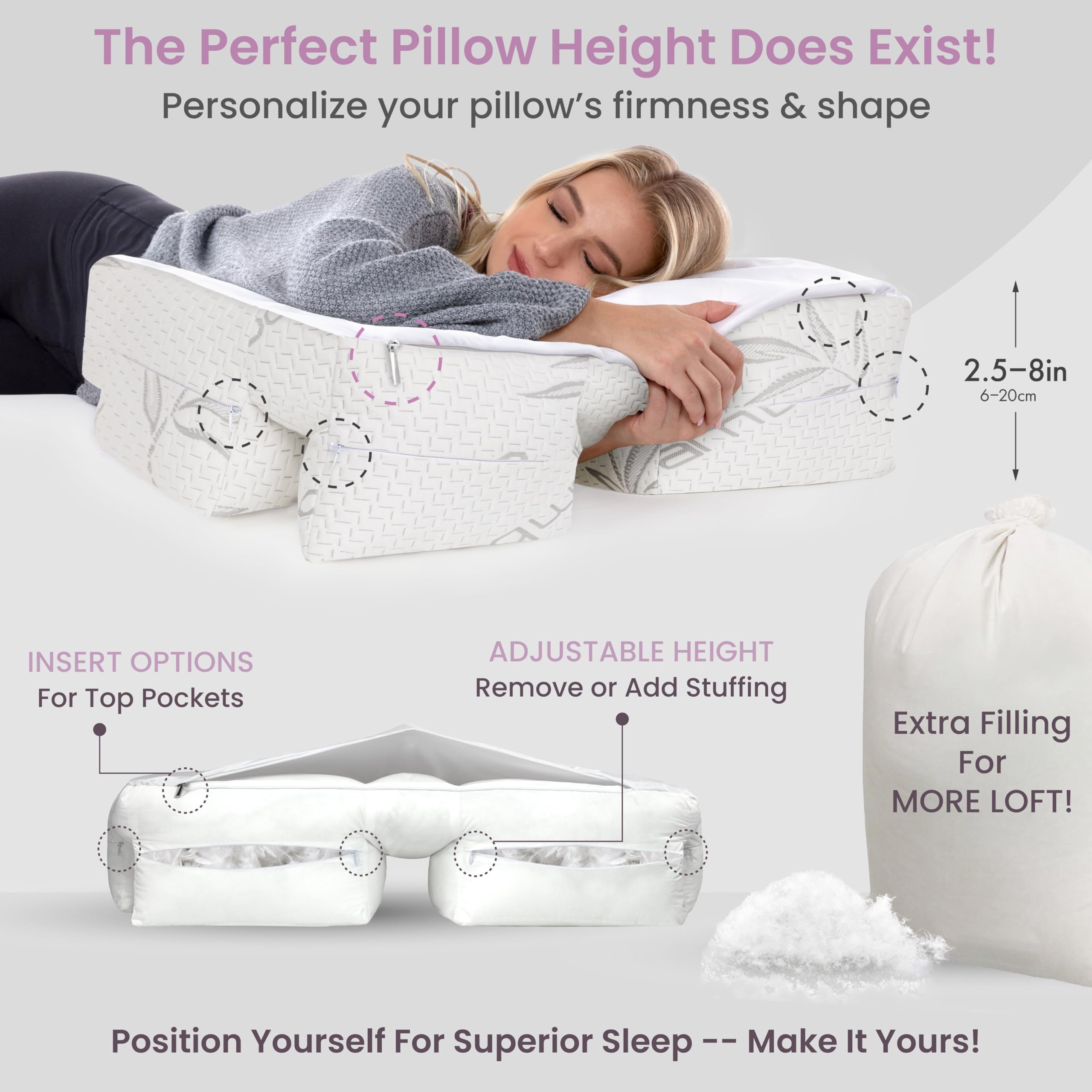 Wife Pillow - 50/50 Feather-Fiberfill, 1 LBS Extra Bag of Stuffing, Hotel Style Blend: White Goose Down Feather w/Siliconized Fiberfill Customize Comfort & Support. Filling: Super - Soft
