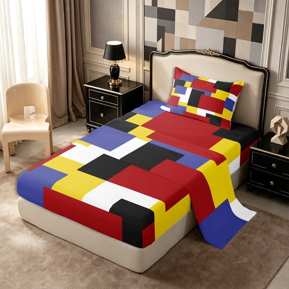 Castle Fairy Mid Century Overlap Rectangle Block Twin Sheets 3pcs,Geometric Mosaic Bedding,Red Yellow Navy Black,1 Flat Sheet, 1 Fitted Sheet and 1 Pillowcase