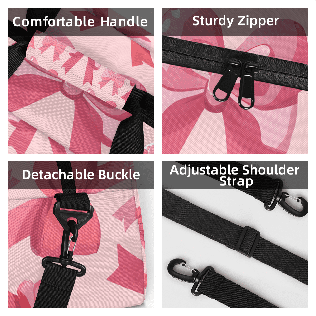 Herdesigns Pink Bow Sports Duffle Bag for Women & Men, Cute Gym Bag Dance Bag Overnight Bag Carry On Weekender Travel Bag